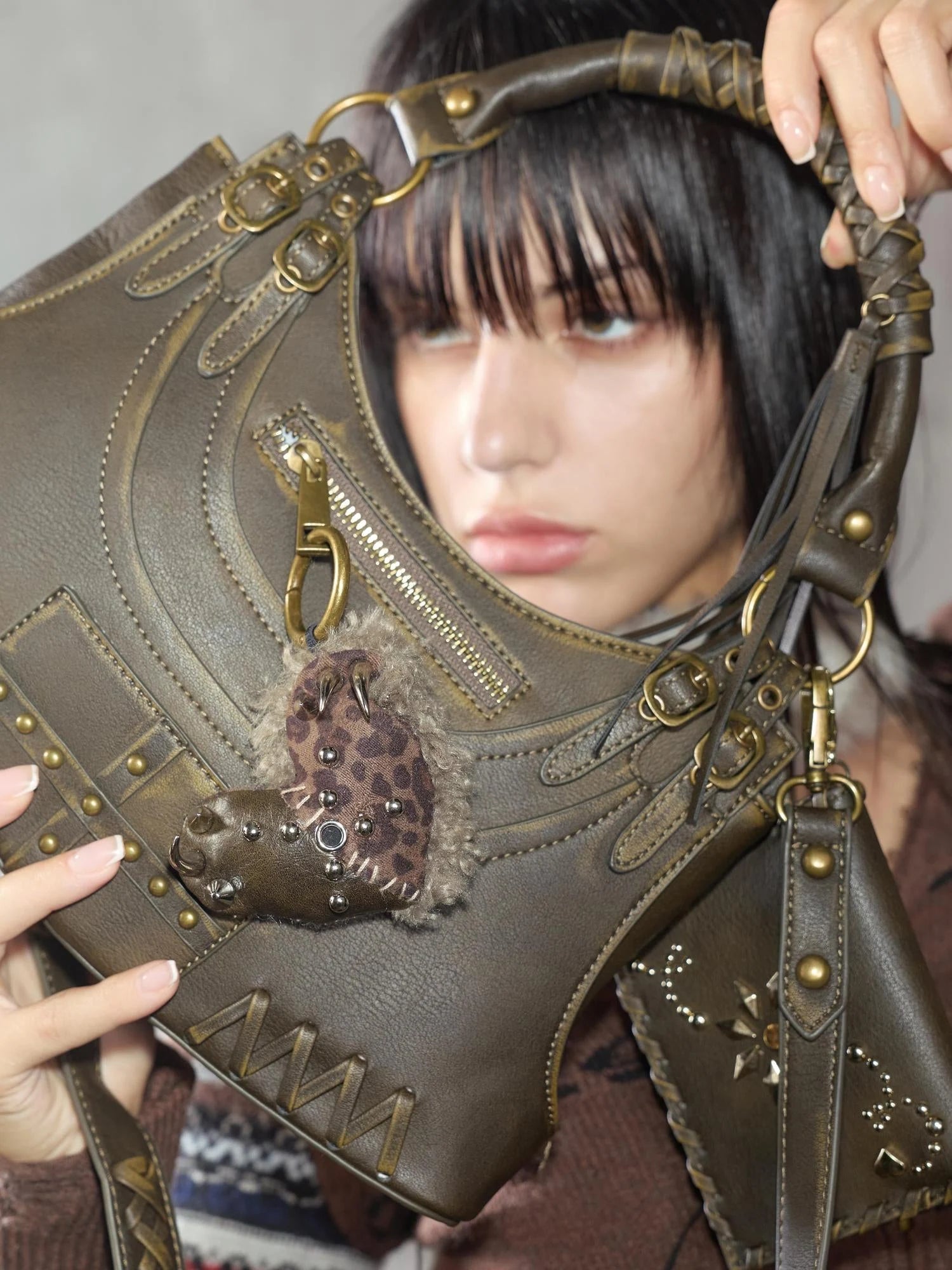 Handmade Punk Leopard Fur Heart Studded Bag Charm