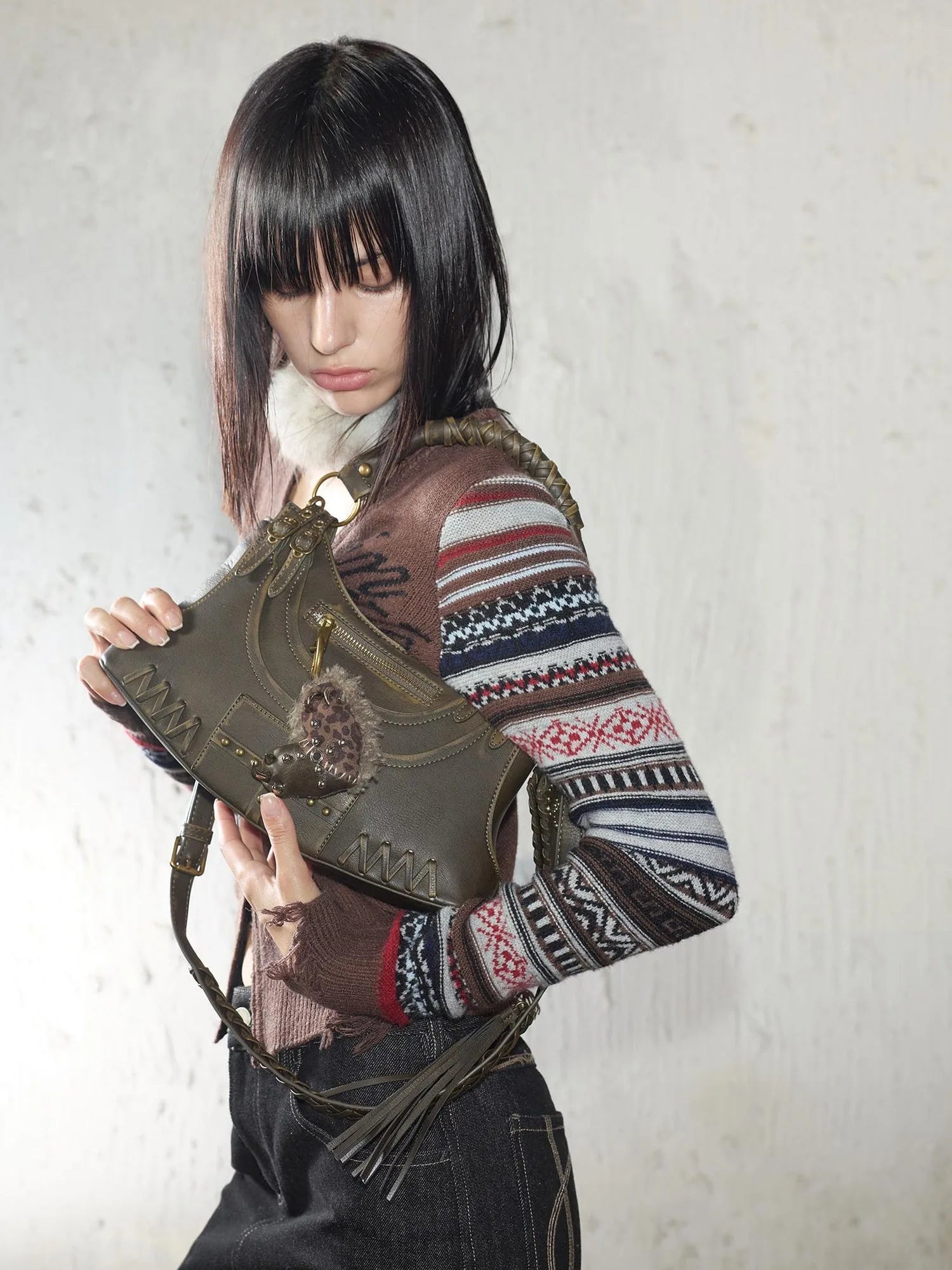 Handmade Punk Leopard Fur Heart Studded Bag Charm