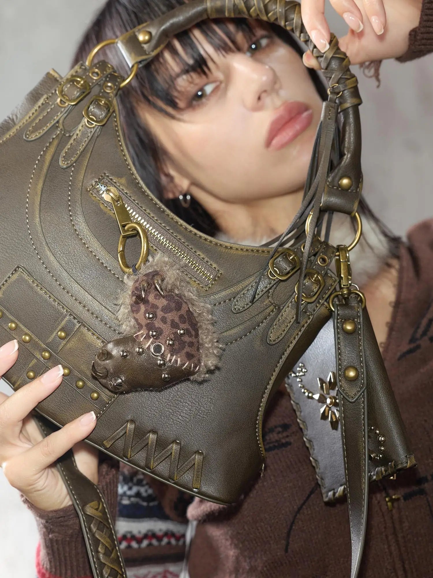 Handmade Punk Leopard Fur Heart Studded Bag Charm