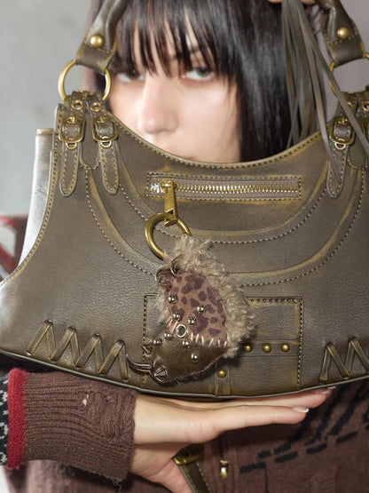 Handmade Punk Leopard Fur Heart Studded Bag Charm