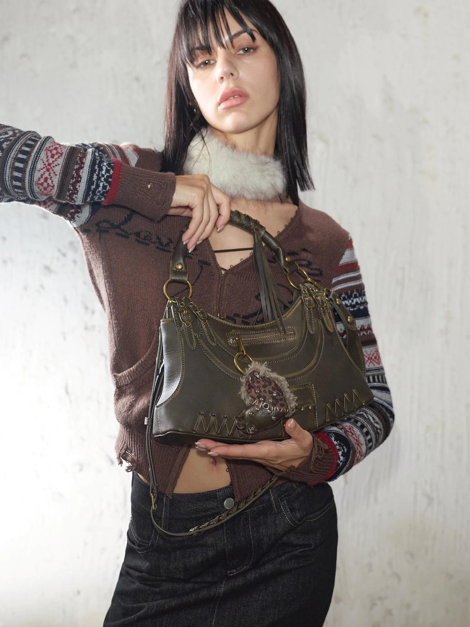 Handmade Punk Leopard Fur Heart Studded Bag Charm
