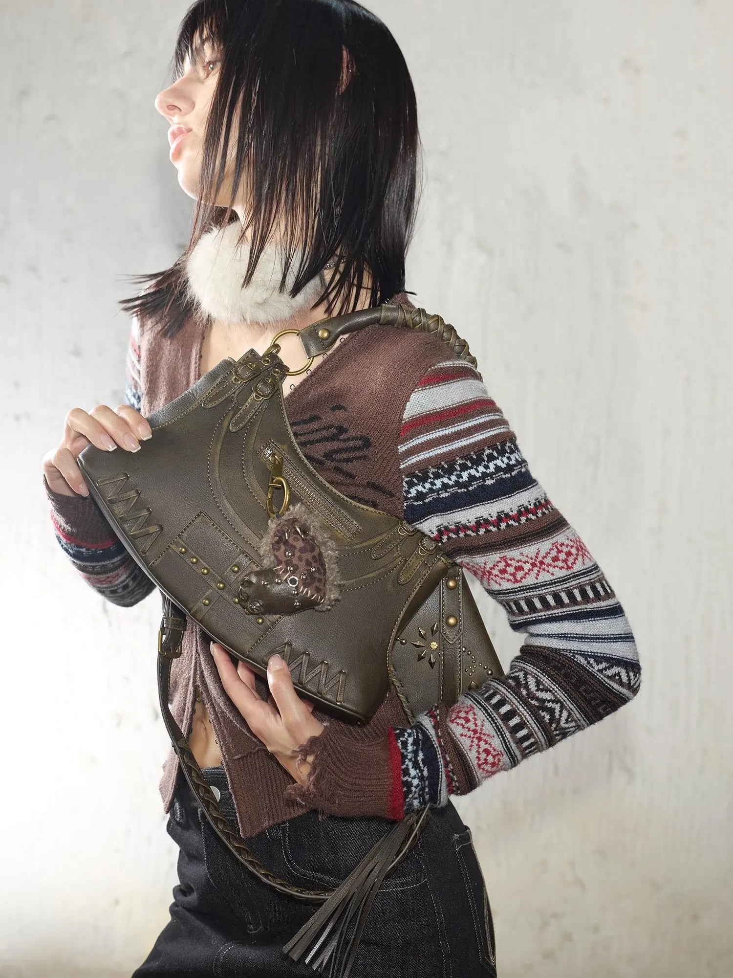 Handmade Punk Leopard Fur Heart Studded Bag Charm