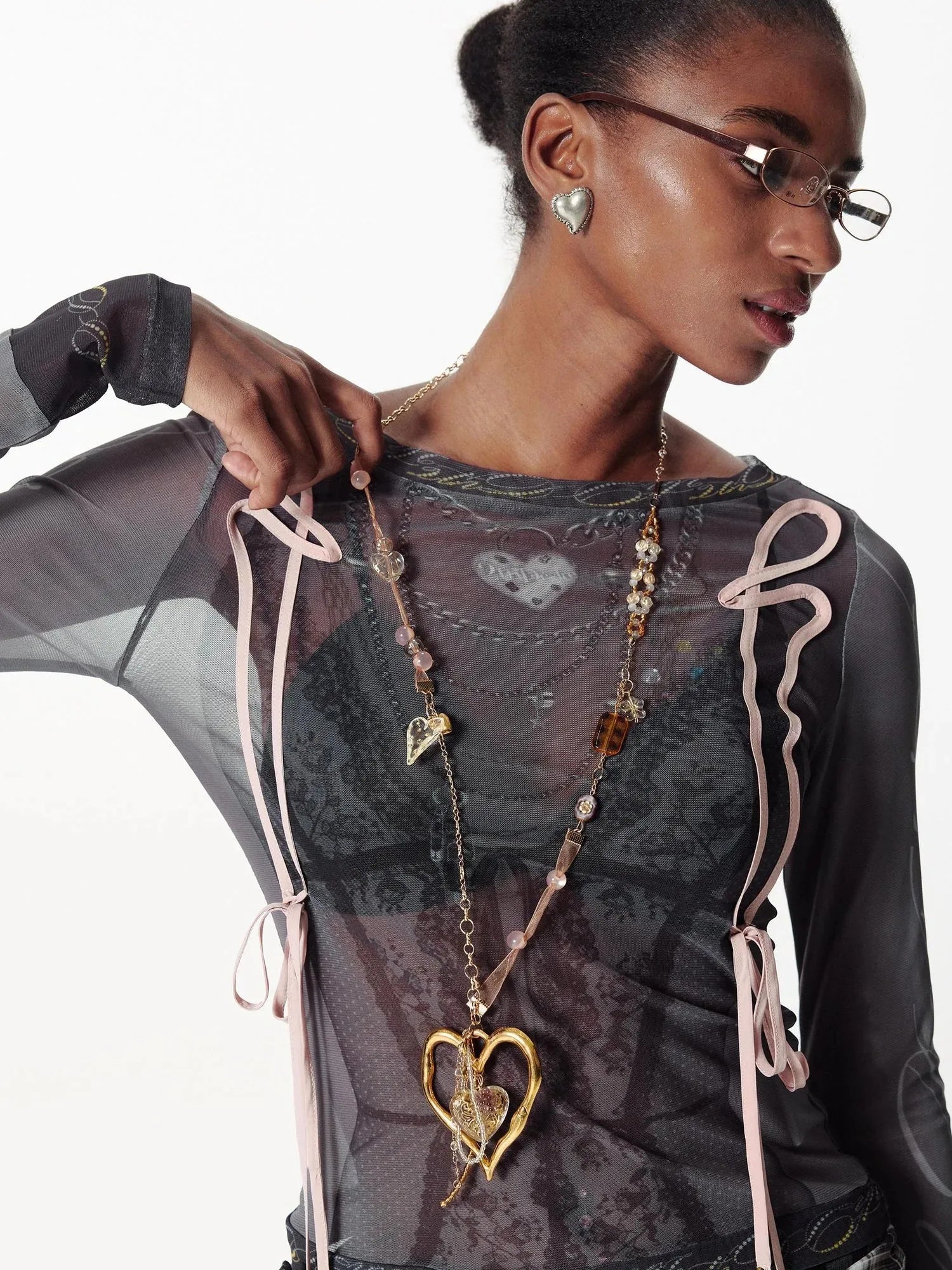 Handmade Ribbon Beaded Love Dot Flower Pendant Adjustable Necklace