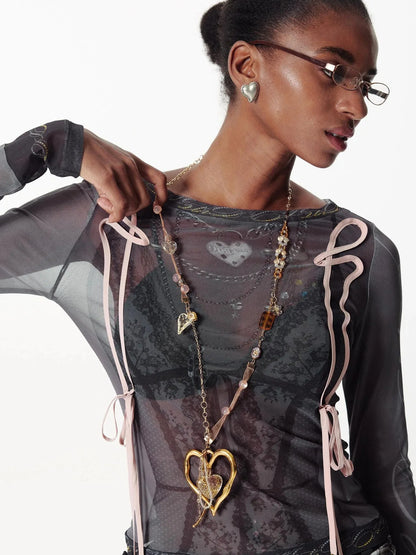 Handmade Ribbon Beaded Love Dot Flower Pendant Adjustable Necklace