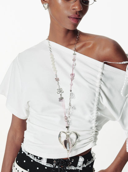 Handmade Ribbon Beaded Love Dot Flower Pendant Adjustable Necklace