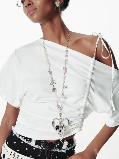 Handmade Ribbon Beaded Love Dot Flower Pendant Adjustable Necklace