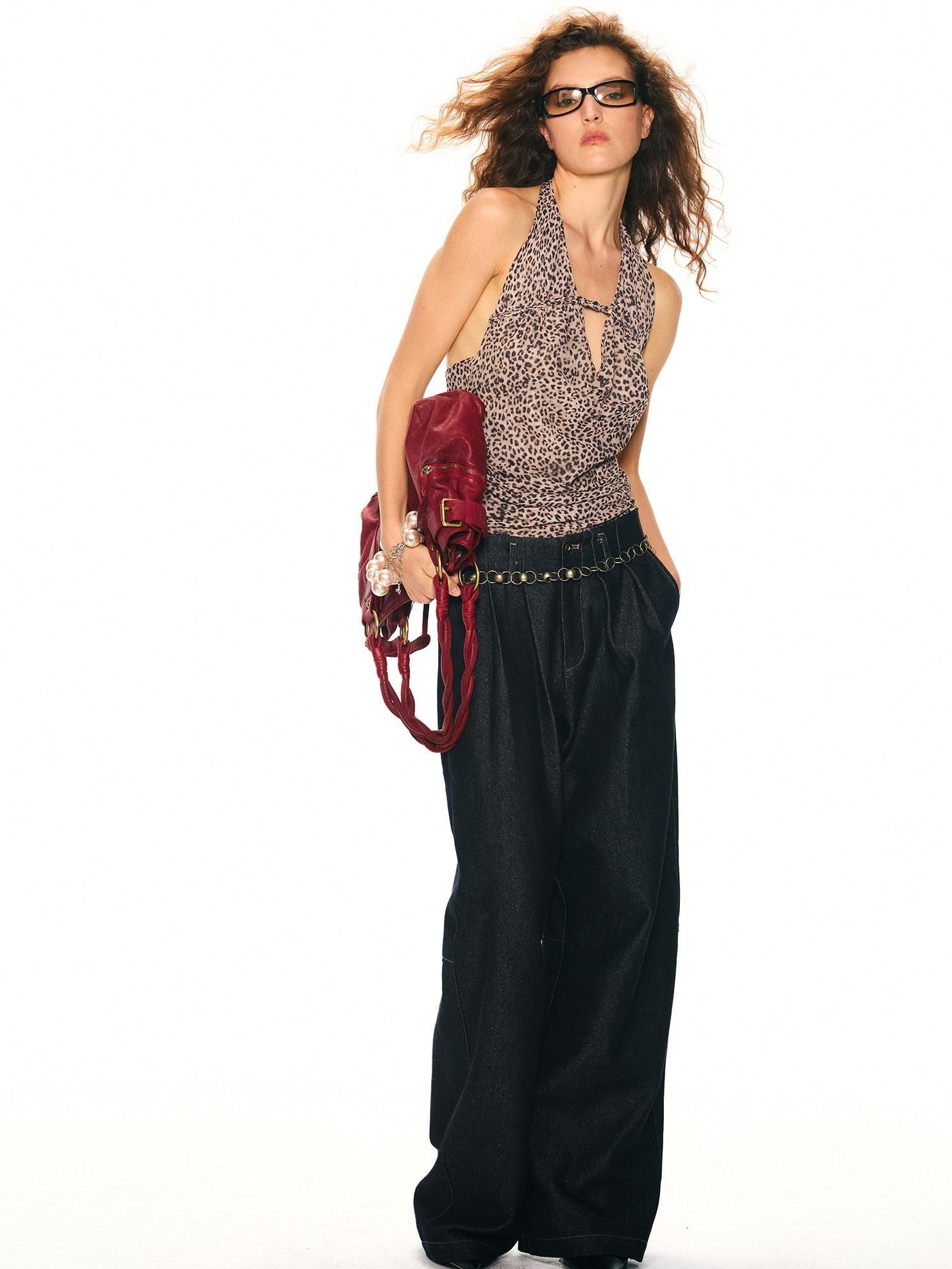 2th Desire Handwoven Leopard Print Halter Turn Down Collar Women&