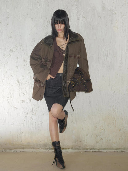 Heavy Duty Vintage Washed Rip Work Jacket With Leather Panels