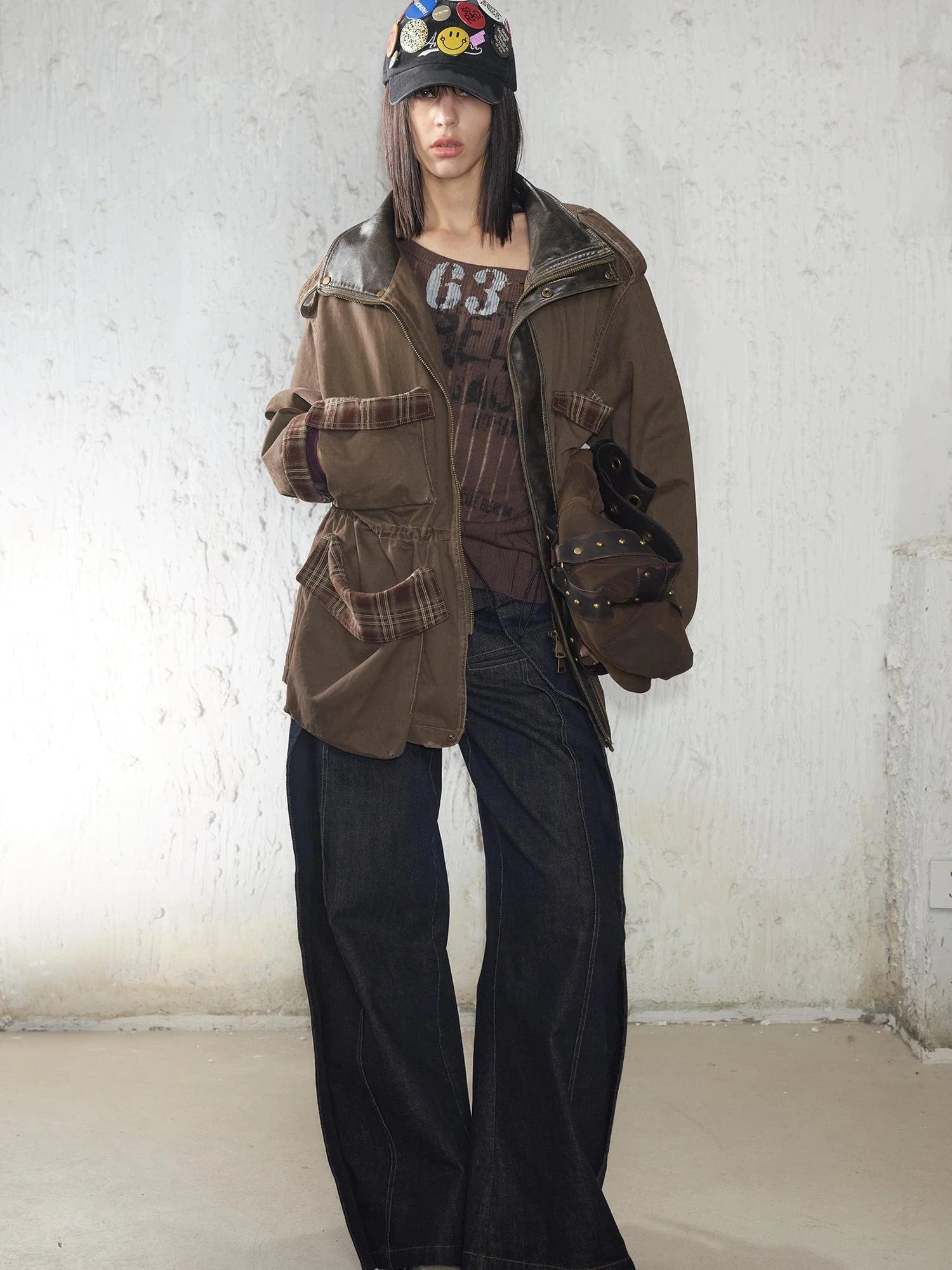 Heavy Duty Vintage Washed Rip Work Jacket With Leather Panels