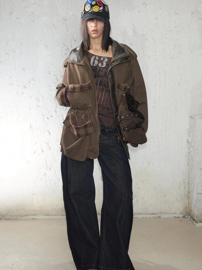 Heavy Duty Vintage Washed Rip Work Jacket With Leather Panels