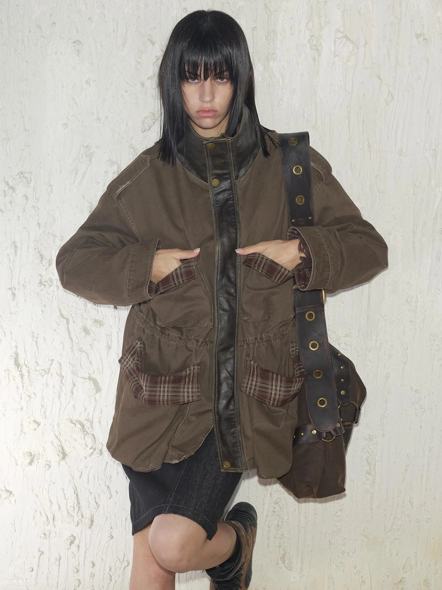 Heavy Duty Vintage Washed Rip Work Jacket With Leather Panels