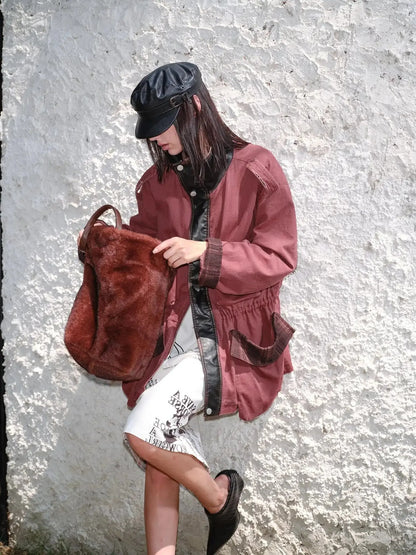 Heavy Duty Vintage Washed Rip Work Jacket With Leather Panels