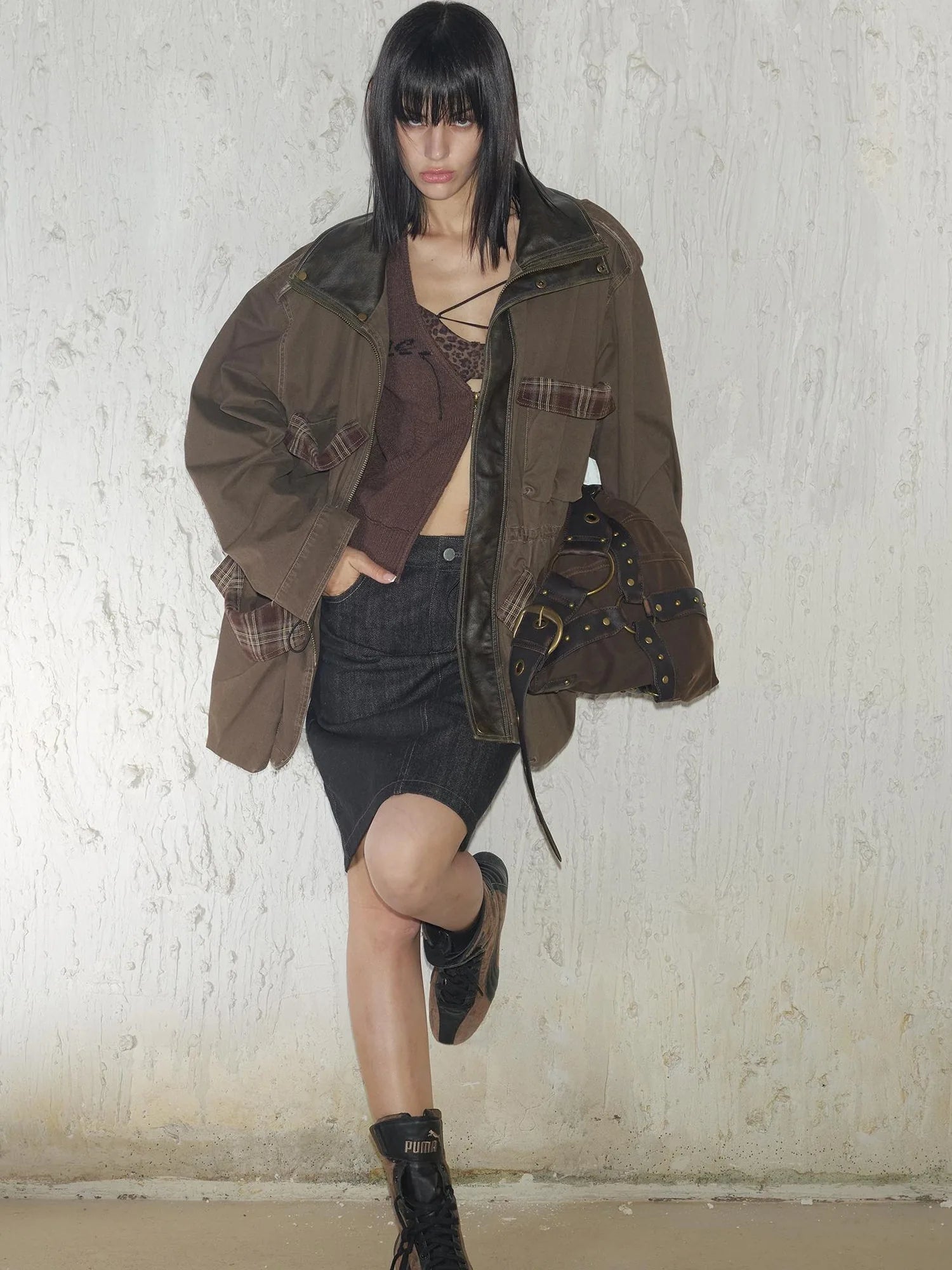 Heavy Duty Vintage Washed Rip Work Jacket With Leather Panels