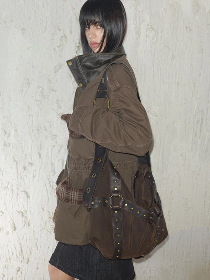 Heavy Duty Vintage Washed Rip Work Jacket With Leather Panels