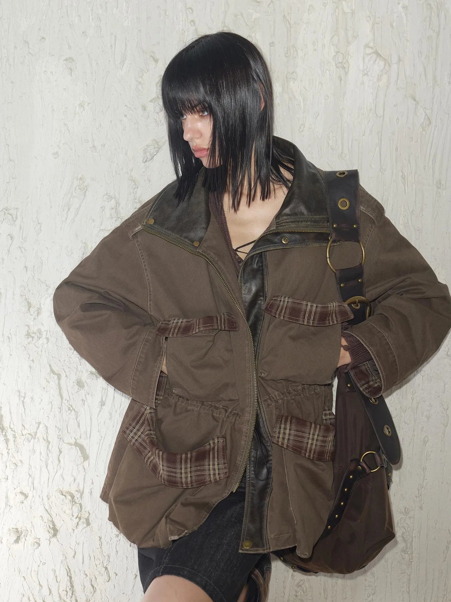 Heavy Duty Vintage Washed Rip Work Jacket With Leather Panels