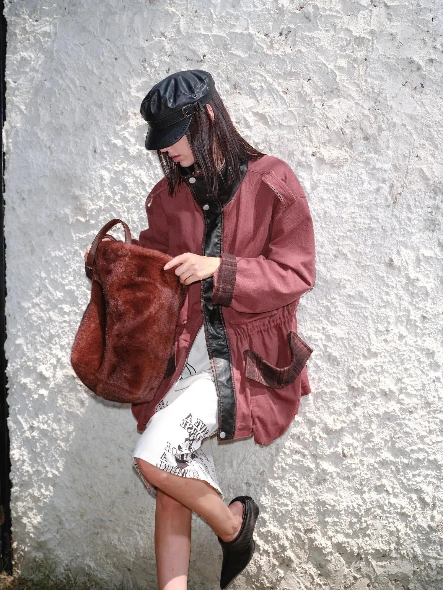 Heavy Duty Vintage Washed Rip Work Jacket With Leather Panels