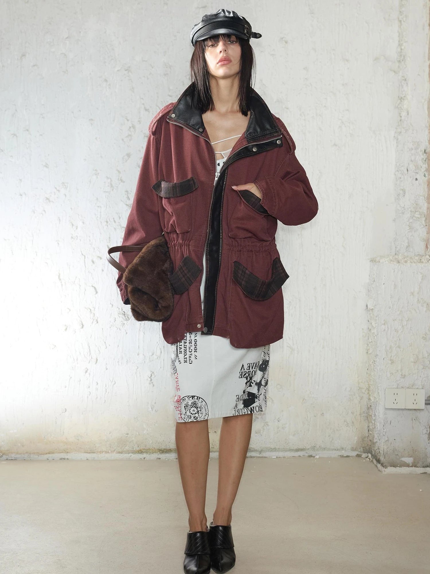 Heavy Duty Vintage Washed Rip Work Jacket With Leather Panels