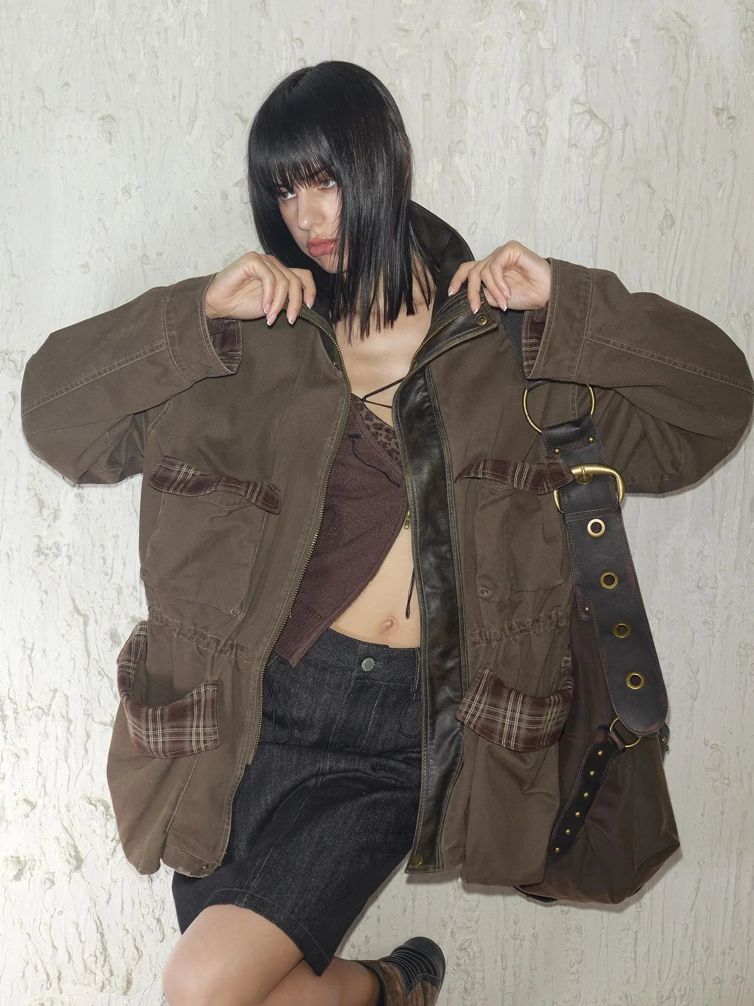 Heavy Duty Vintage Washed Rip Work Jacket With Leather Panels