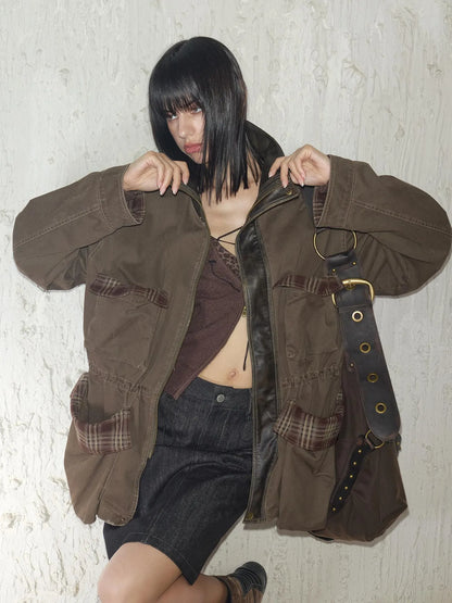 Heavy Duty Vintage Washed Rip Work Jacket With Leather Panels