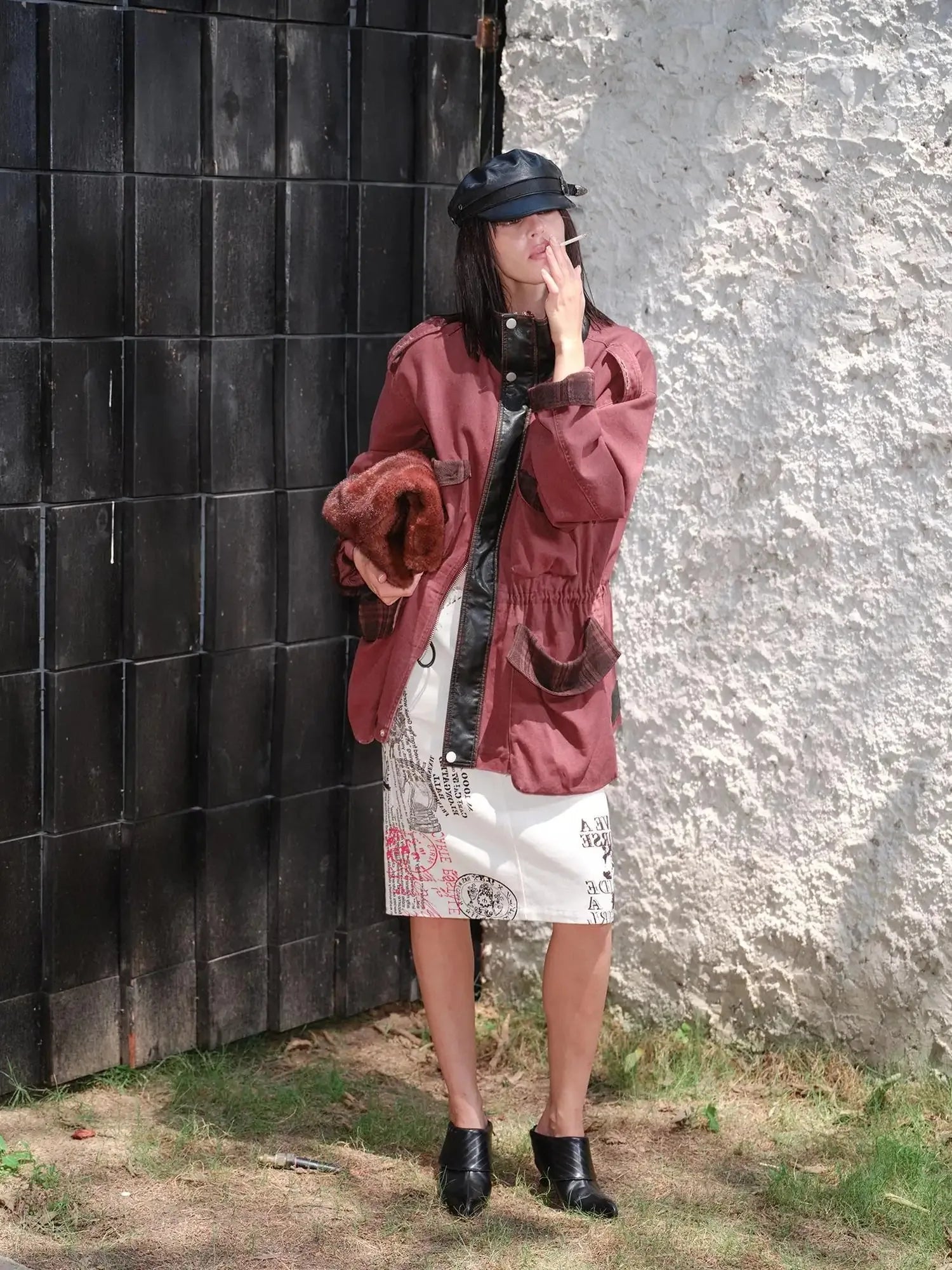 Heavy Duty Vintage Washed Rip Work Jacket With Leather Panels