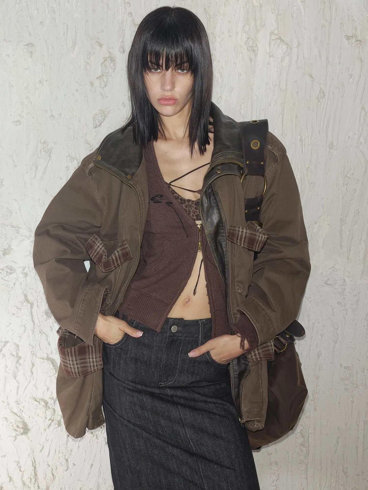 Heavy Duty Vintage Washed Rip Work Jacket With Leather Panels