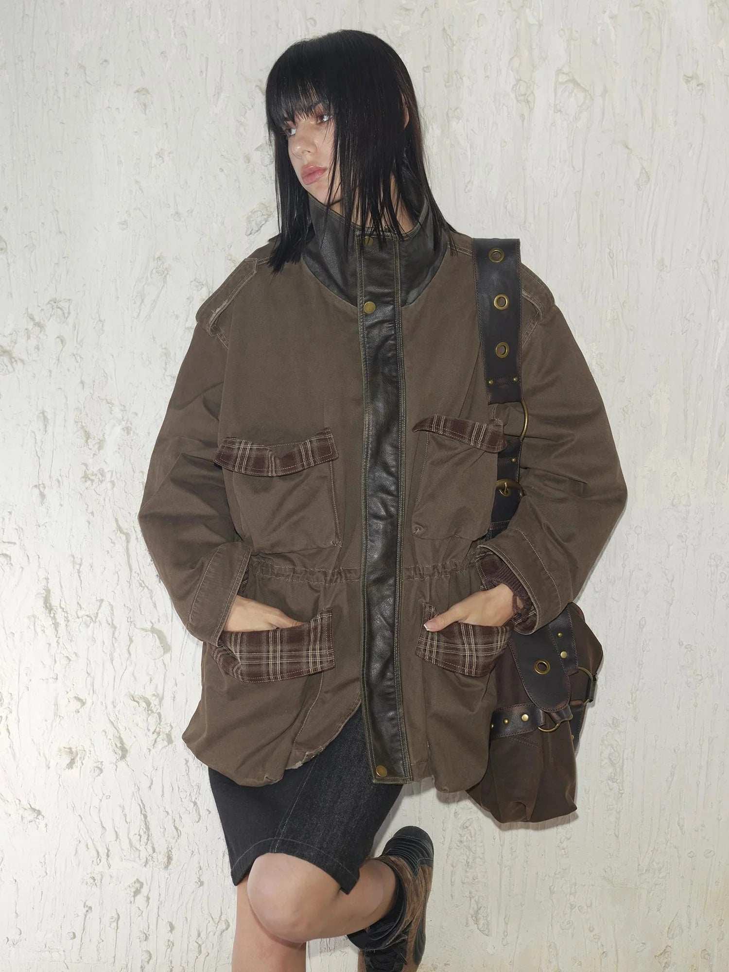 Heavy Duty Vintage Washed Rip Work Jacket With Leather Panels
