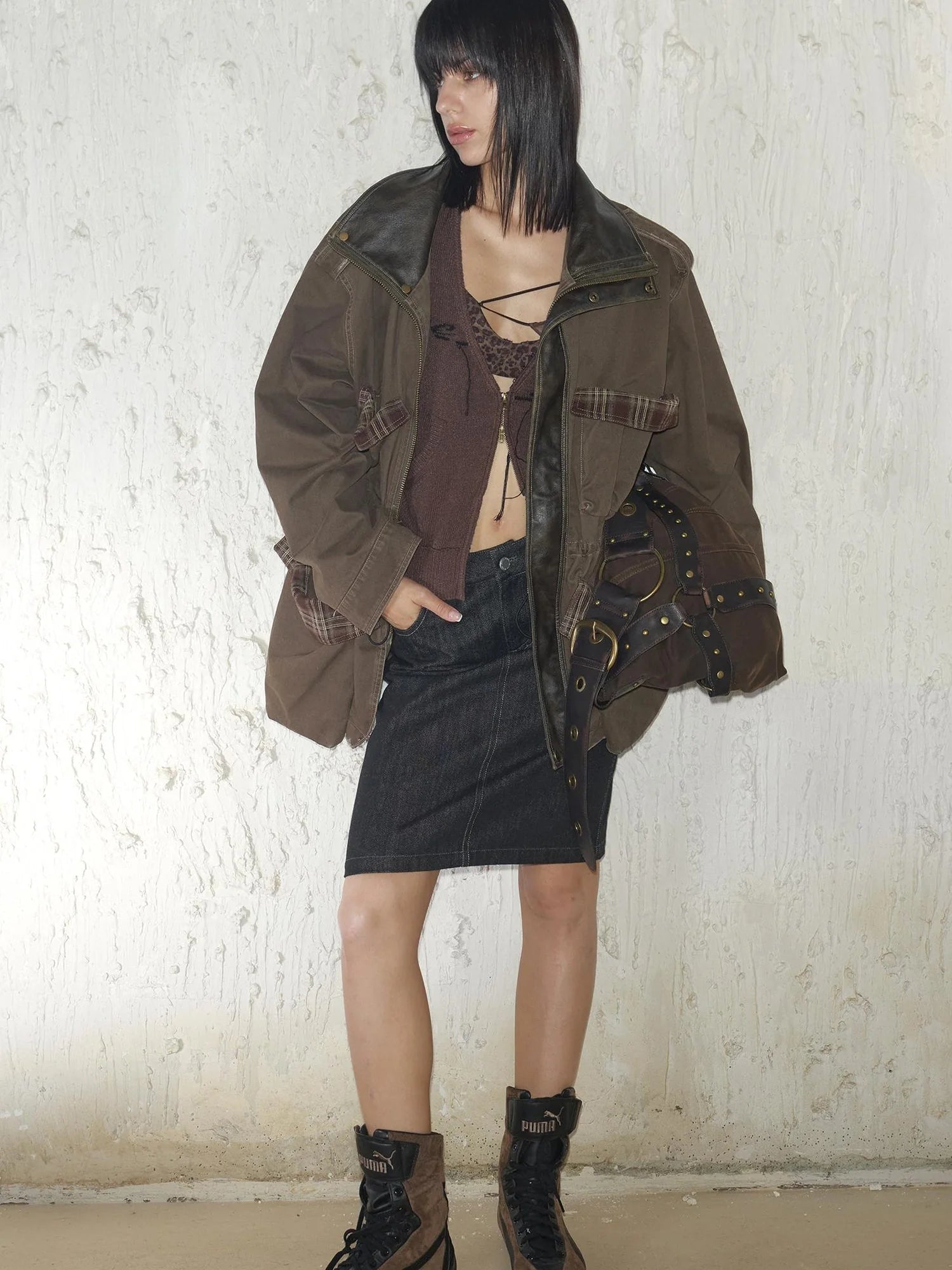 Heavy Duty Vintage Washed Rip Work Jacket With Leather Panels