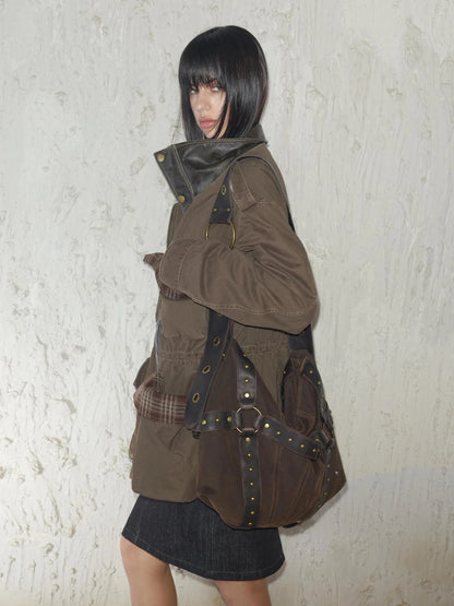 Heavy Duty Vintage Washed Rip Work Jacket With Leather Panels