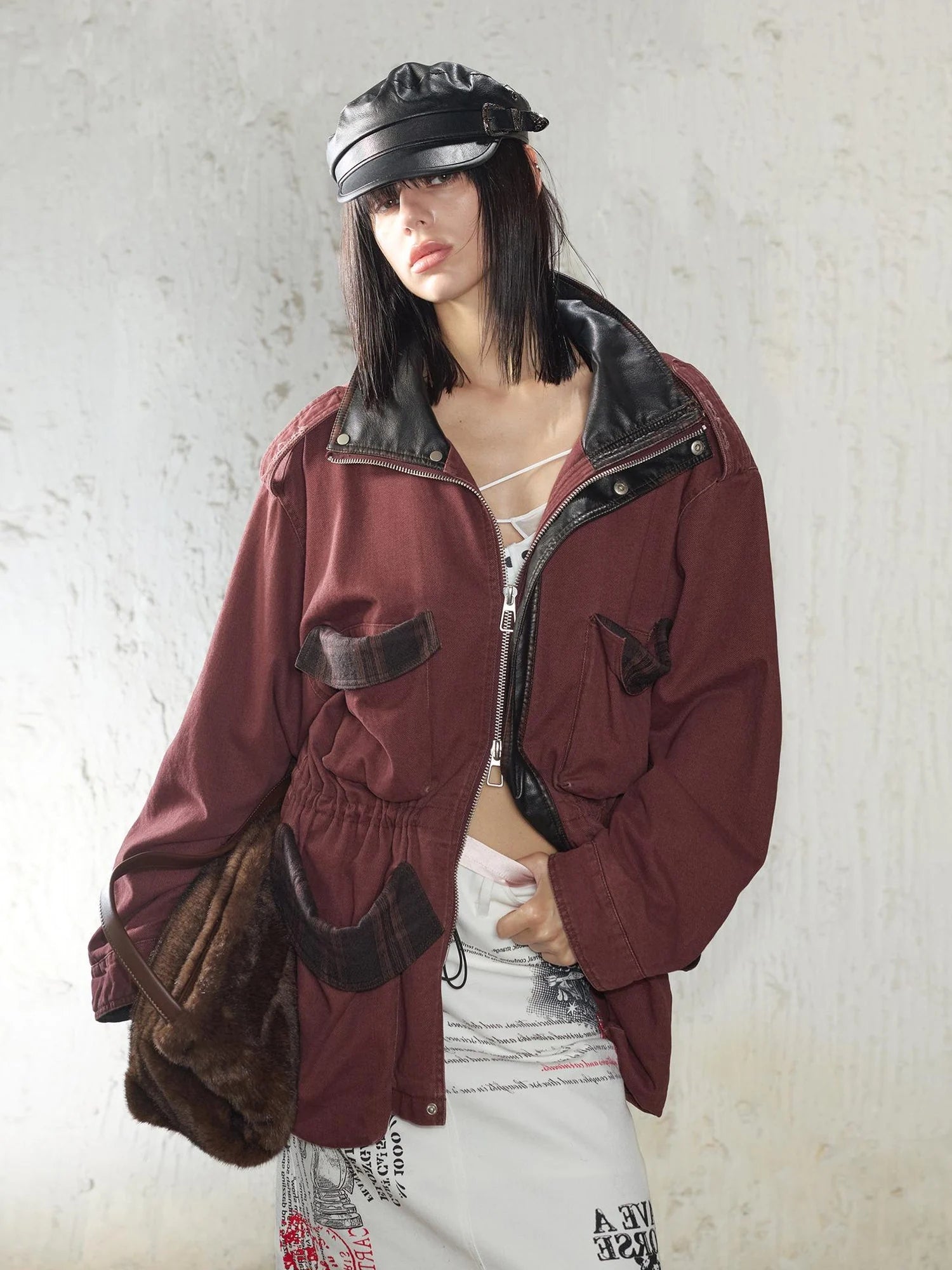 Heavy Duty Vintage Washed Rip Work Jacket With Leather Panels