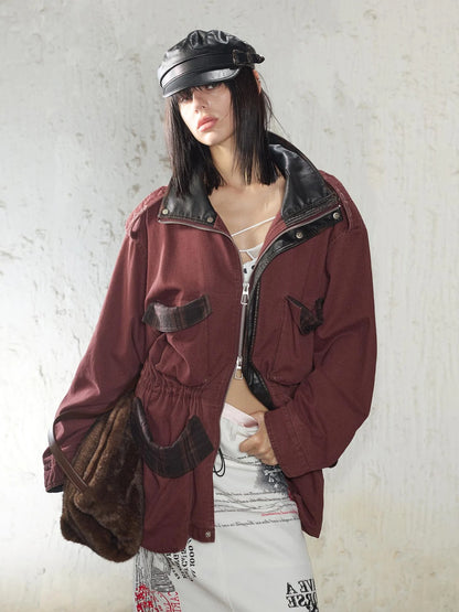 Heavy Duty Vintage Washed Rip Work Jacket With Leather Panels