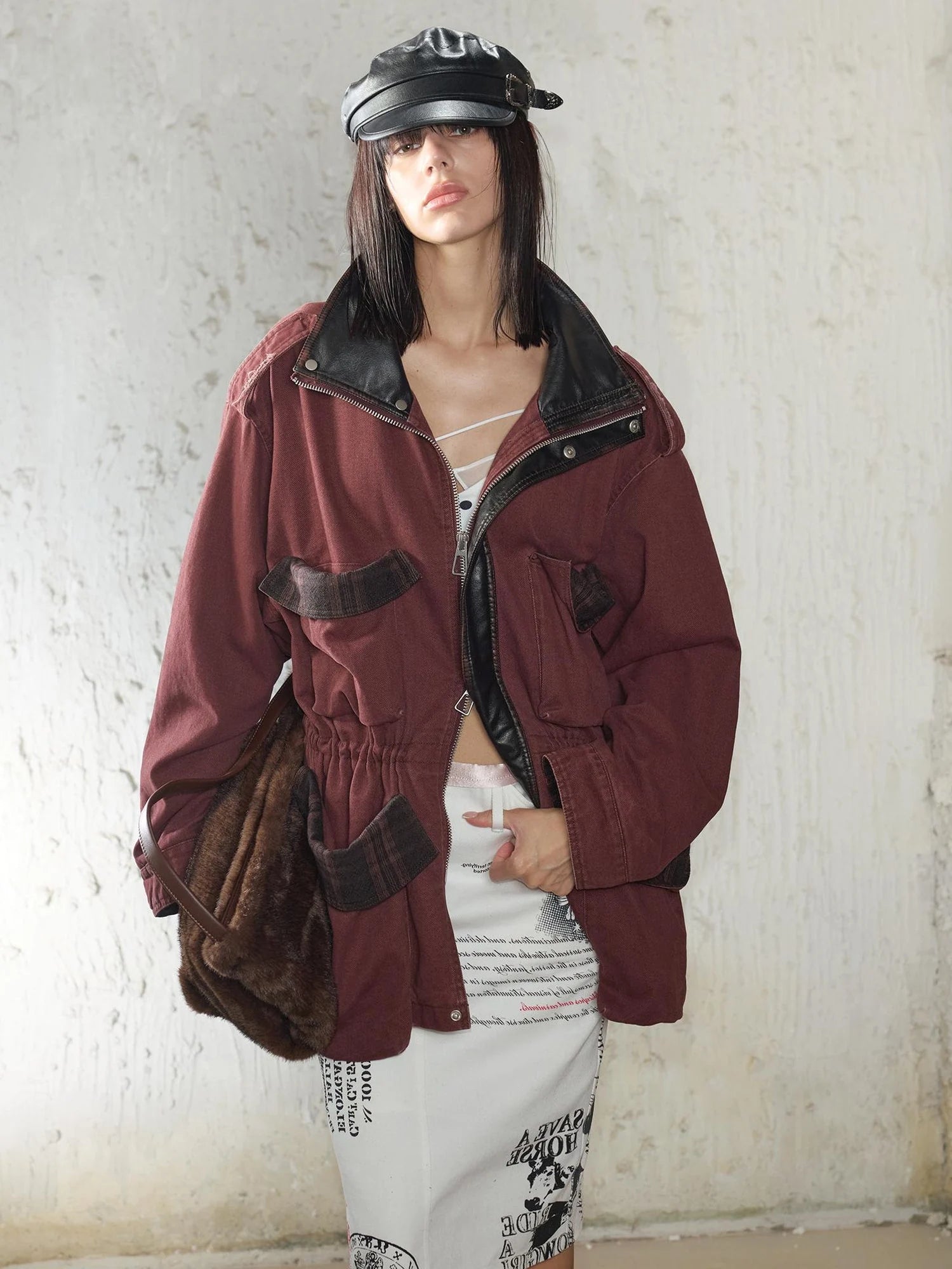 Heavy Duty Vintage Washed Rip Work Jacket With Leather Panels