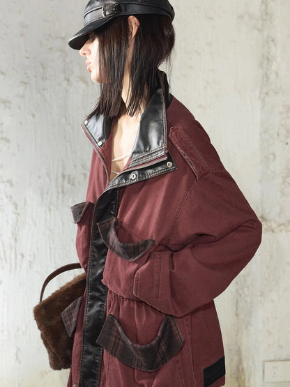 Heavy Duty Vintage Washed Rip Work Jacket With Leather Panels