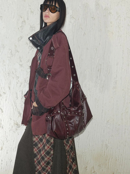Heavy Duty Vintage Washed Rip Work Jacket With Leather Panels
