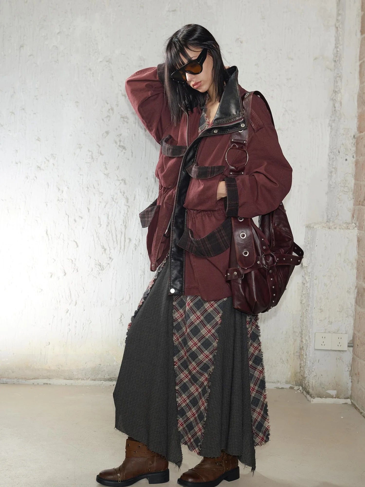 Heavy Duty Vintage Washed Rip Work Jacket With Leather Panels
