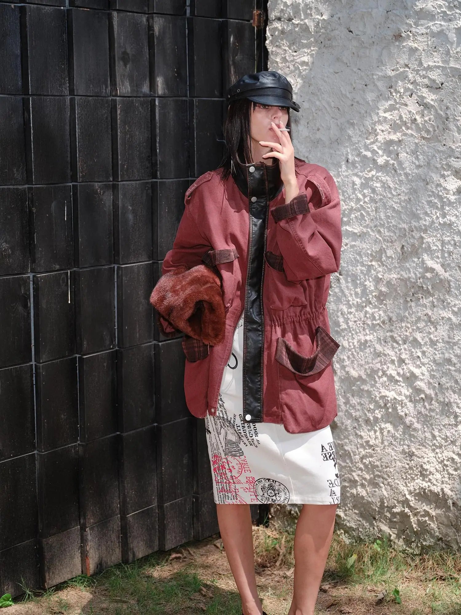 Heavy Duty Vintage Washed Rip Work Jacket With Leather Panels