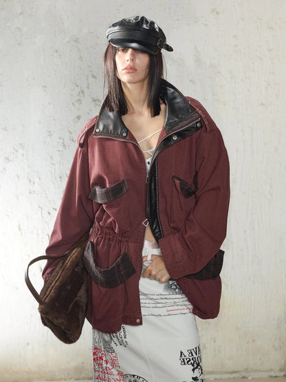 Heavy Duty Vintage Washed Rip Work Jacket With Leather Panels