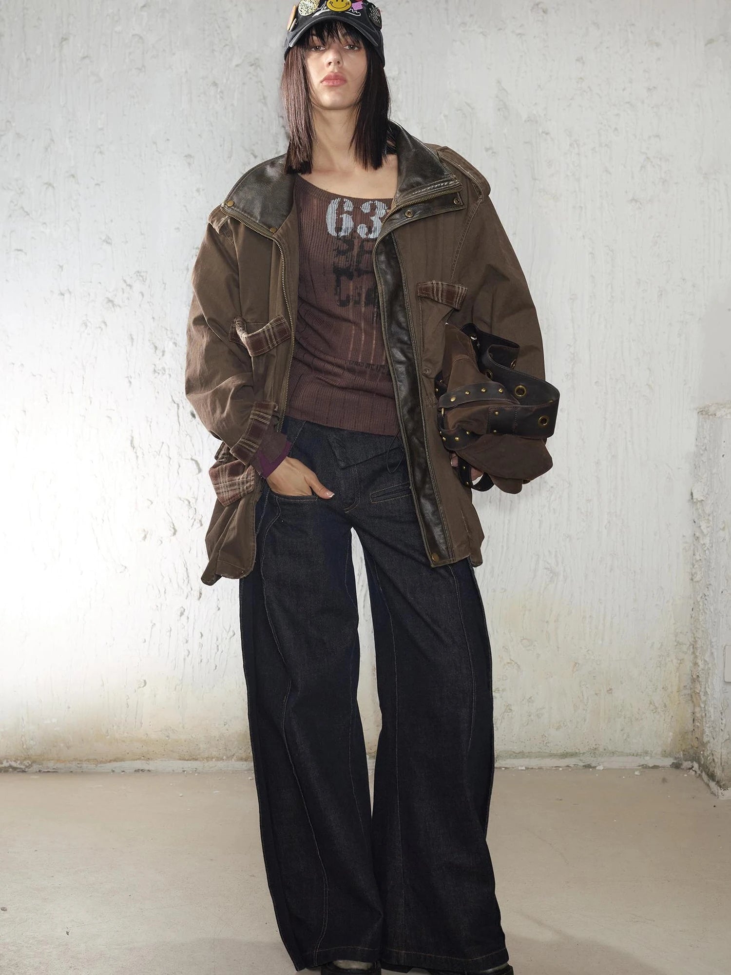 Heavy Duty Vintage Washed Rip Work Jacket With Leather Panels