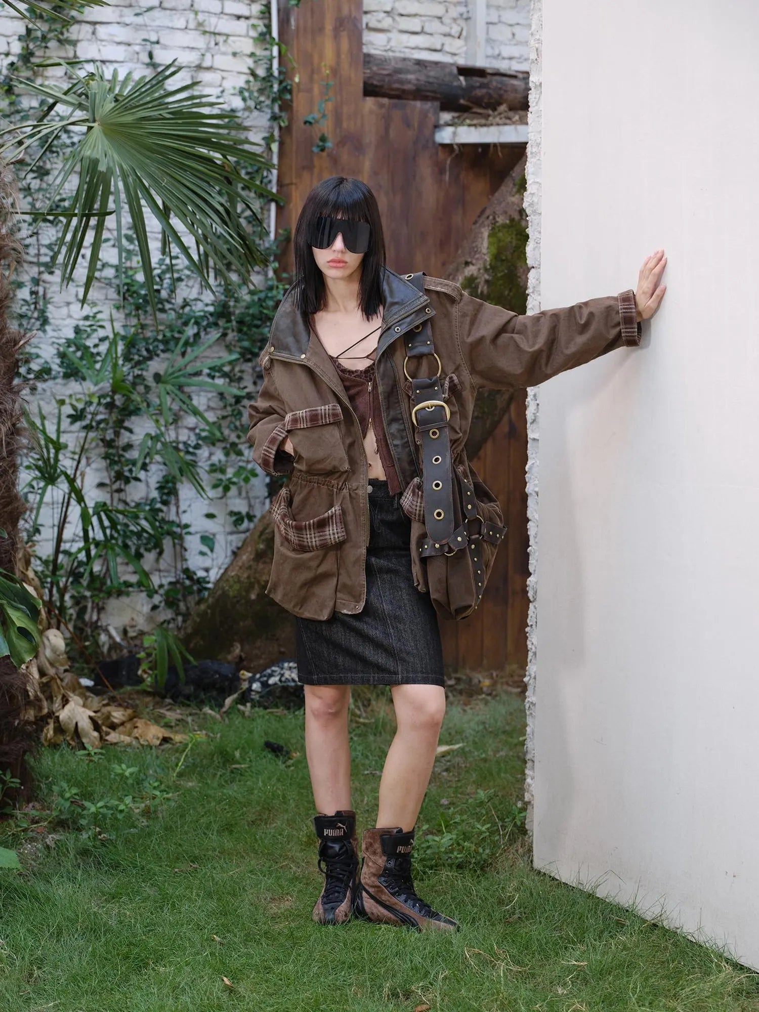 Heavy Duty Vintage Washed Rip Work Jacket With Leather Panels