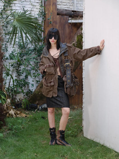 Heavy Duty Vintage Washed Rip Work Jacket With Leather Panels