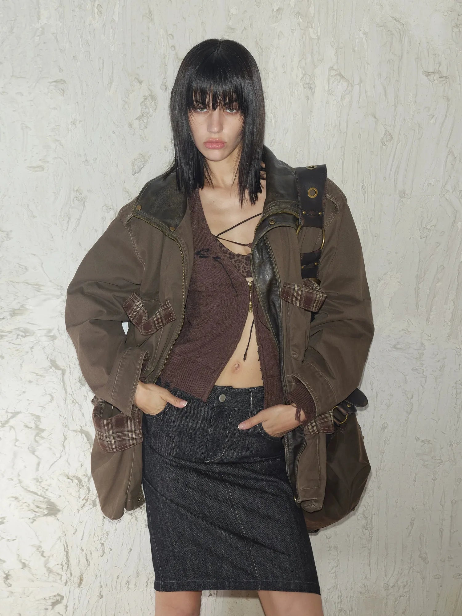 Heavy Duty Vintage Washed Rip Work Jacket With Leather Panels
