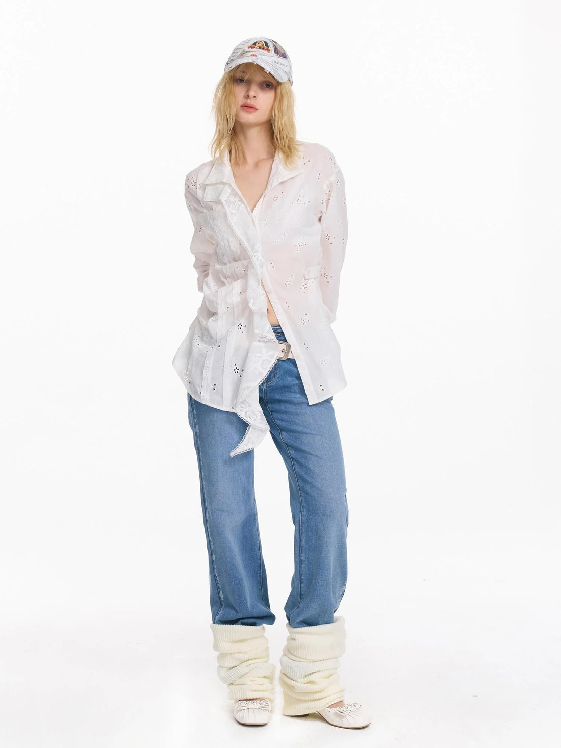 Hollow Embroidered Checkered Shirt with Irregular Ruffle and Adjustable Waist