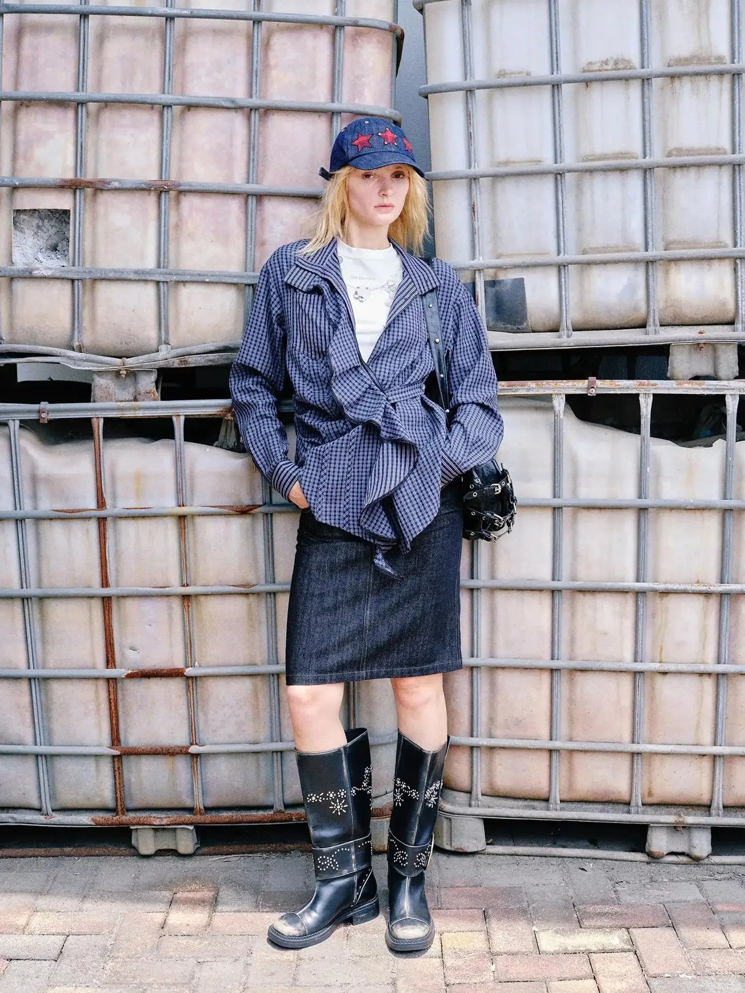 Hollow Embroidered Checkered Shirt with Irregular Ruffle and Adjustable Waist
