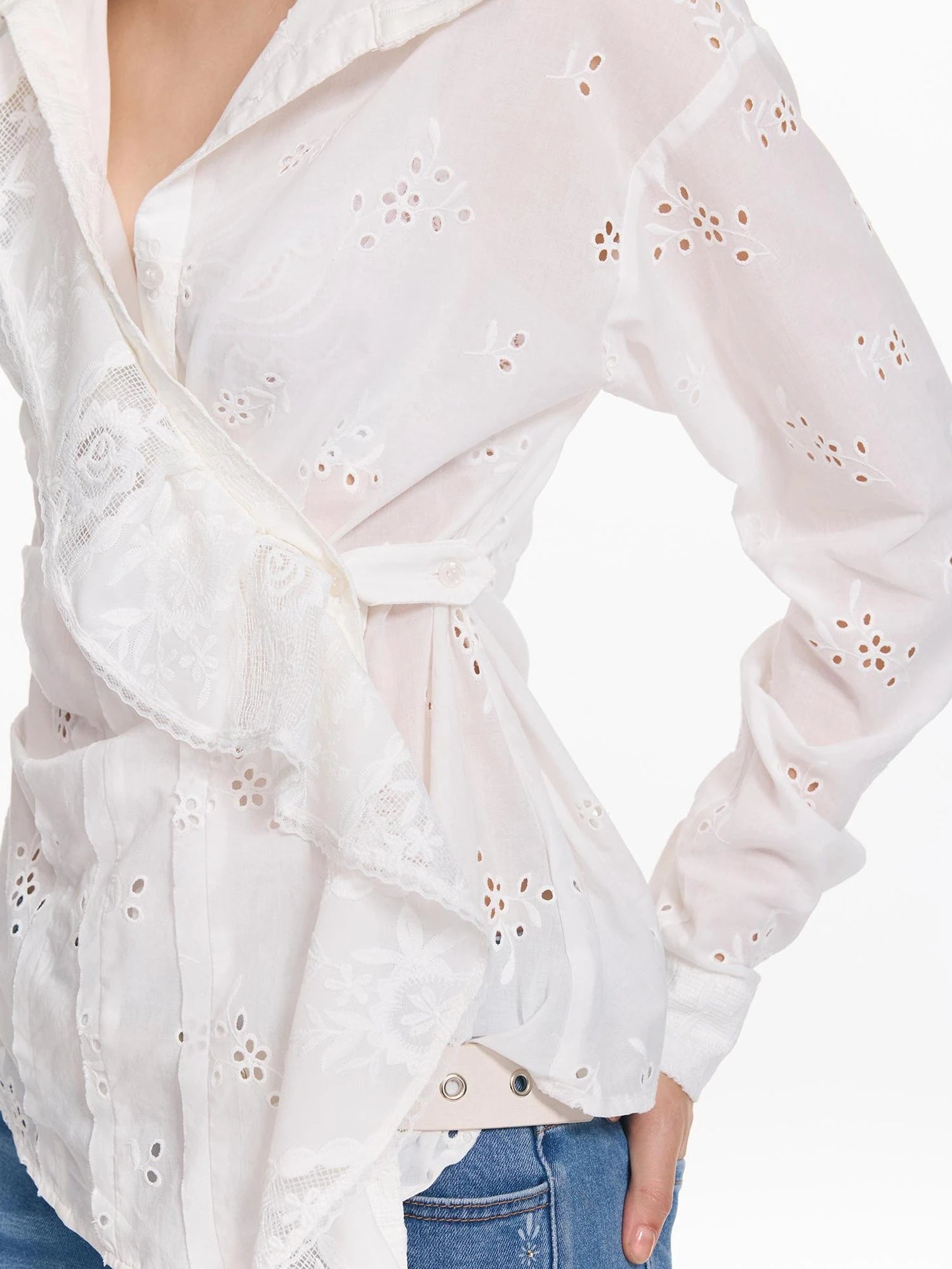 Hollow Embroidered Checkered Shirt with Irregular Ruffle and Adjustable Waist