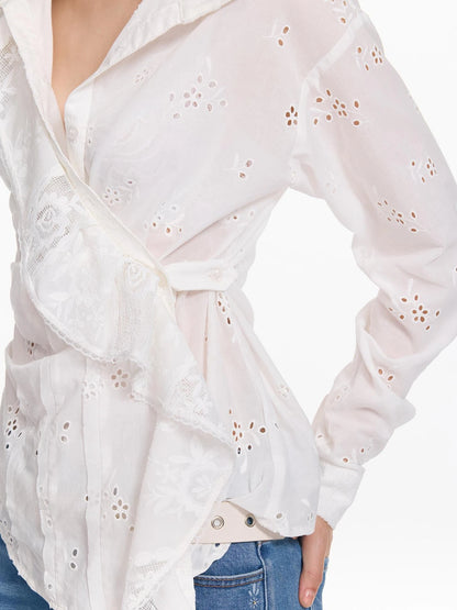Hollow Embroidered Checkered Shirt with Irregular Ruffle and Adjustable Waist