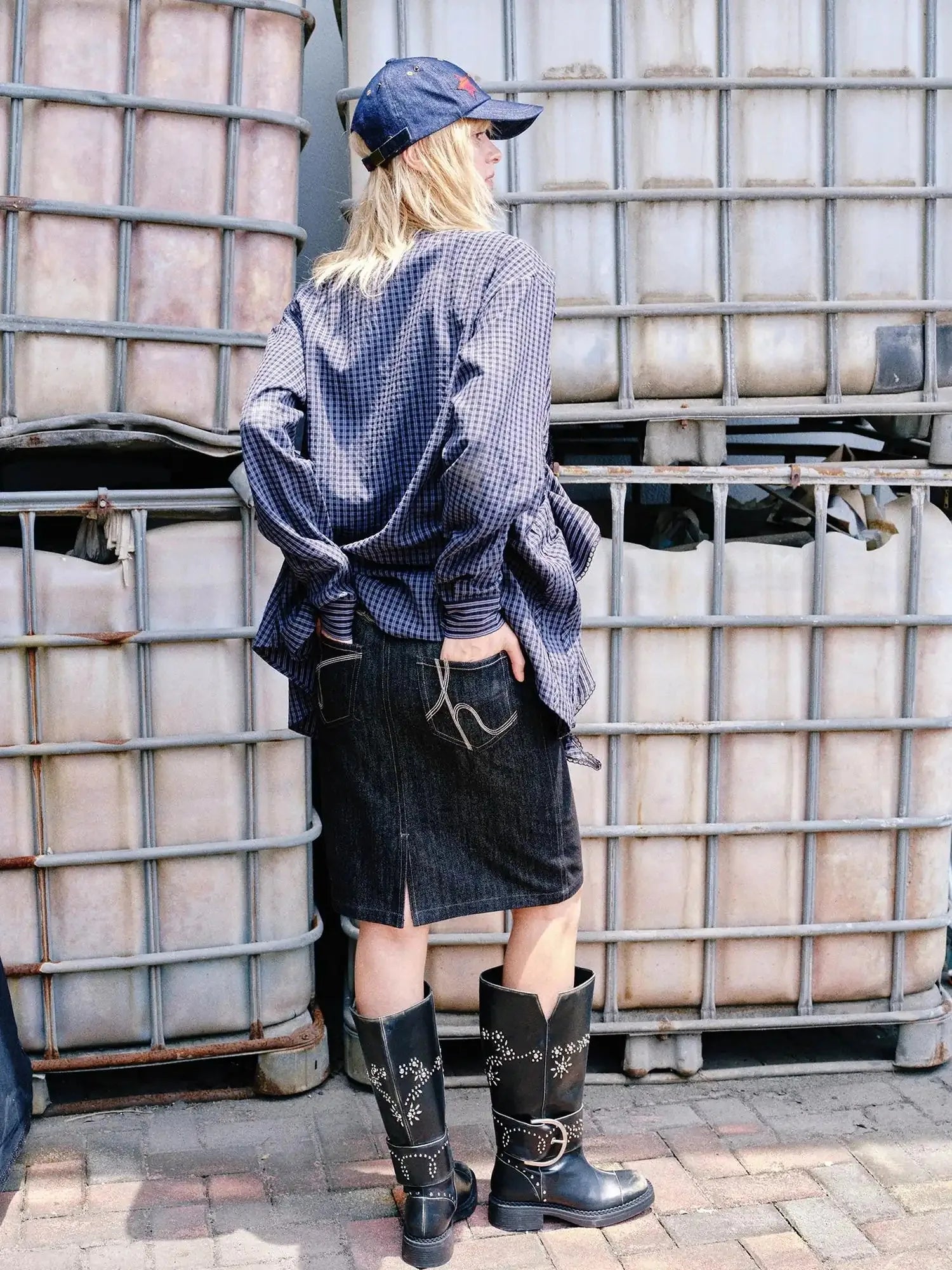 Hollow Embroidered Checkered Shirt with Irregular Ruffle and Adjustable Waist