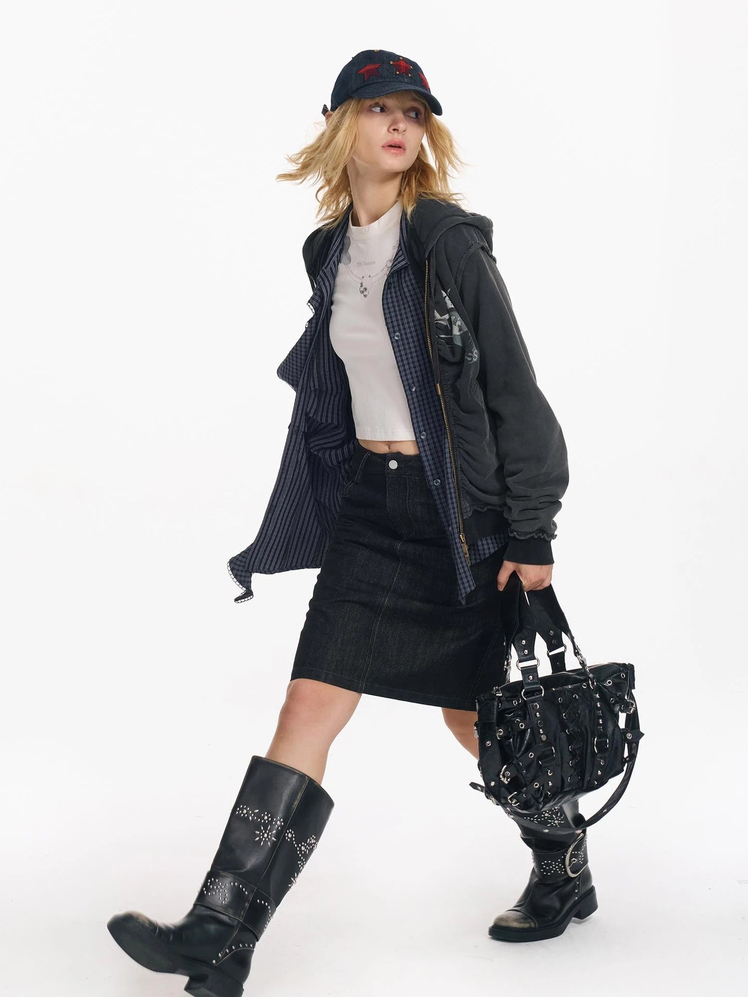 Hollow Embroidered Checkered Shirt with Irregular Ruffle and Adjustable Waist