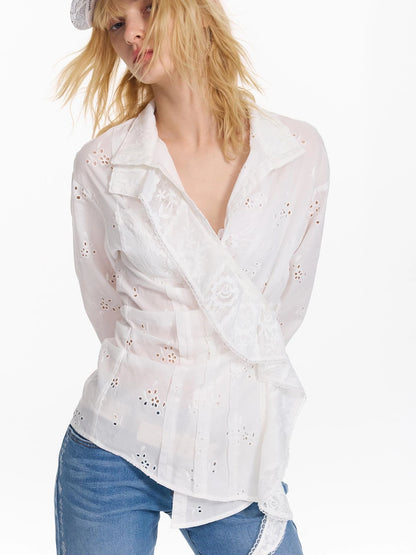 Hollow Embroidered Checkered Shirt with Irregular Ruffle and Adjustable Waist