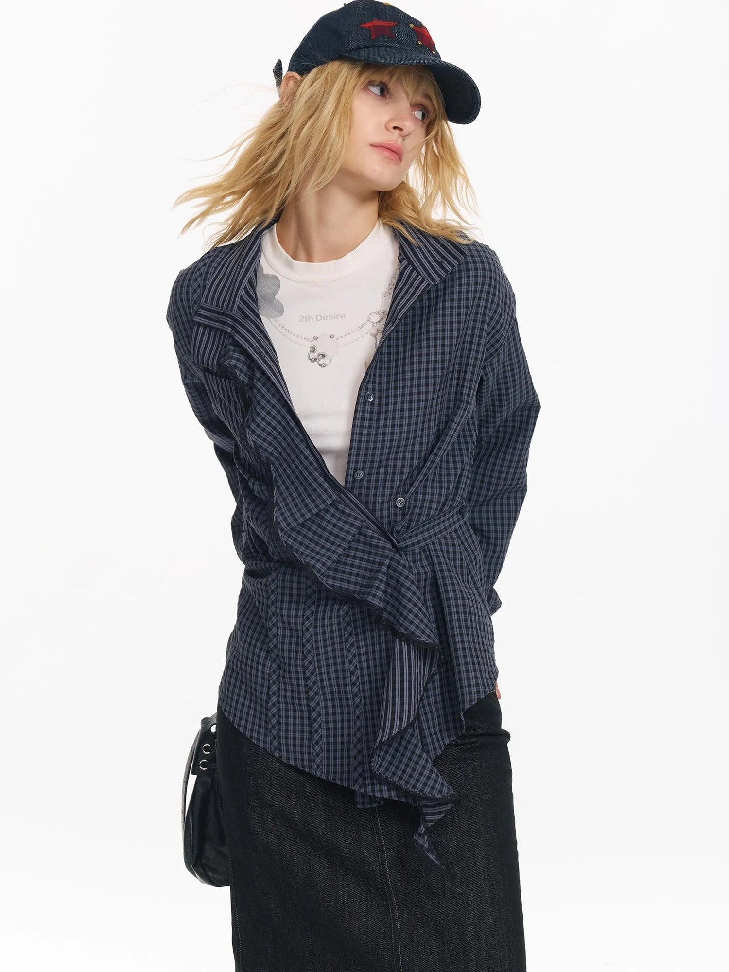 Hollow Embroidered Checkered Shirt with Irregular Ruffle and Adjustable Waist