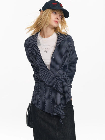 Hollow Embroidered Checkered Shirt with Irregular Ruffle and Adjustable Waist