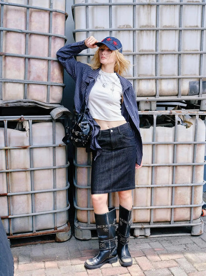 Hollow Embroidered Checkered Shirt with Irregular Ruffle and Adjustable Waist